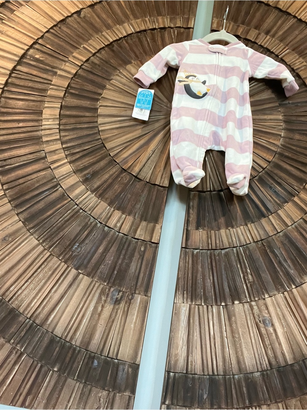 Carter's Pink & White Striped Footed One-Piece with Penguin Patch